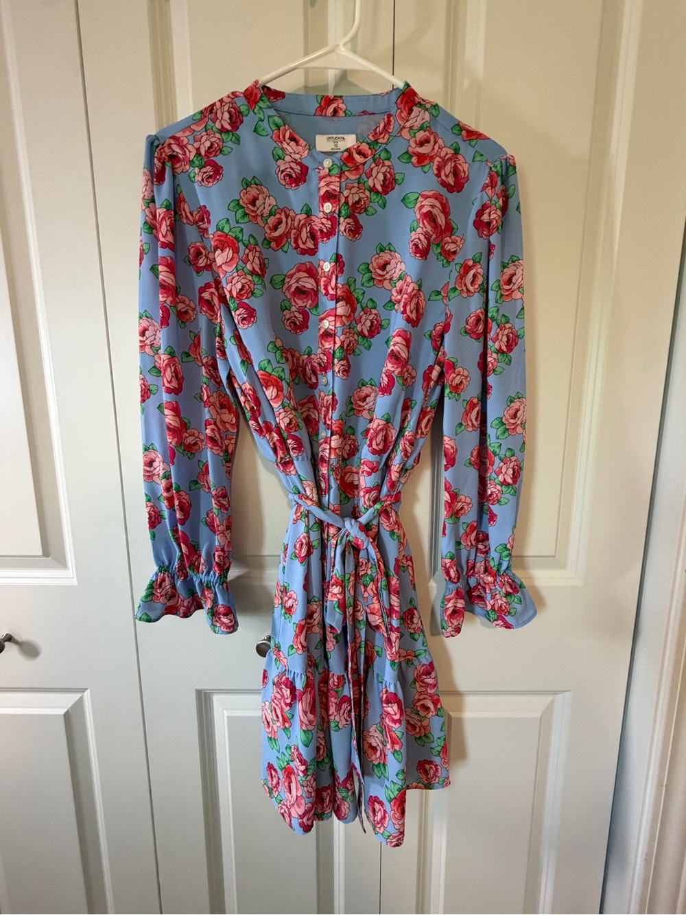 Blue Floral Button-Front Tie-Waist Dress